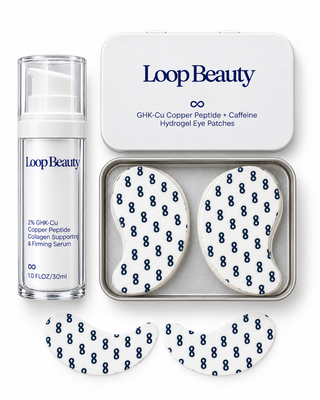 The Duo: Signal Serum bottle, Eye Patches tin open with patches inside, two patches below