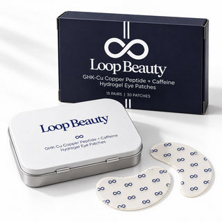 Loop Beauty eye patches full range: navy outer box, tin, and patches