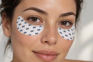 Model wearing Loop Beauty GHK-Cu eye patches under both eyes